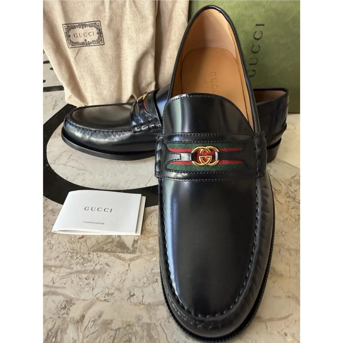 Gucci Italy Millenial Gold GG Logo Black Leather Loafers Shoes UK 13 US 13.5