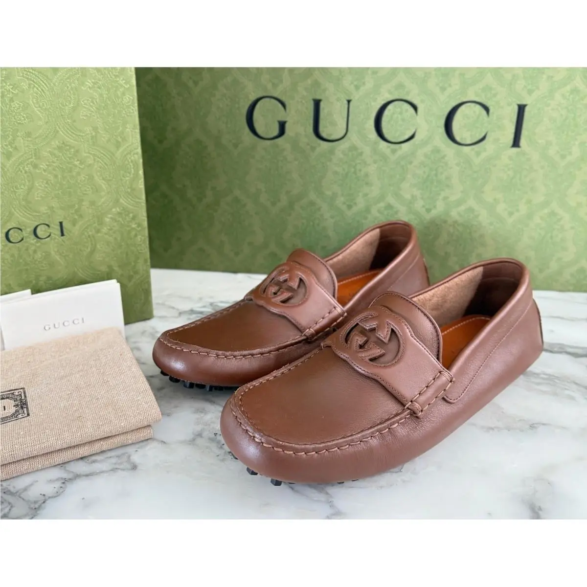Gucci 730148 Moccasin Brown Leather Interlocking G Drivers Shoes Mens UK 7