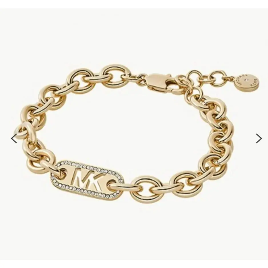 Michael Kors Gold Tone Chain Crystal Pave Bar Cut Out Logo Bracelet MKJ8028