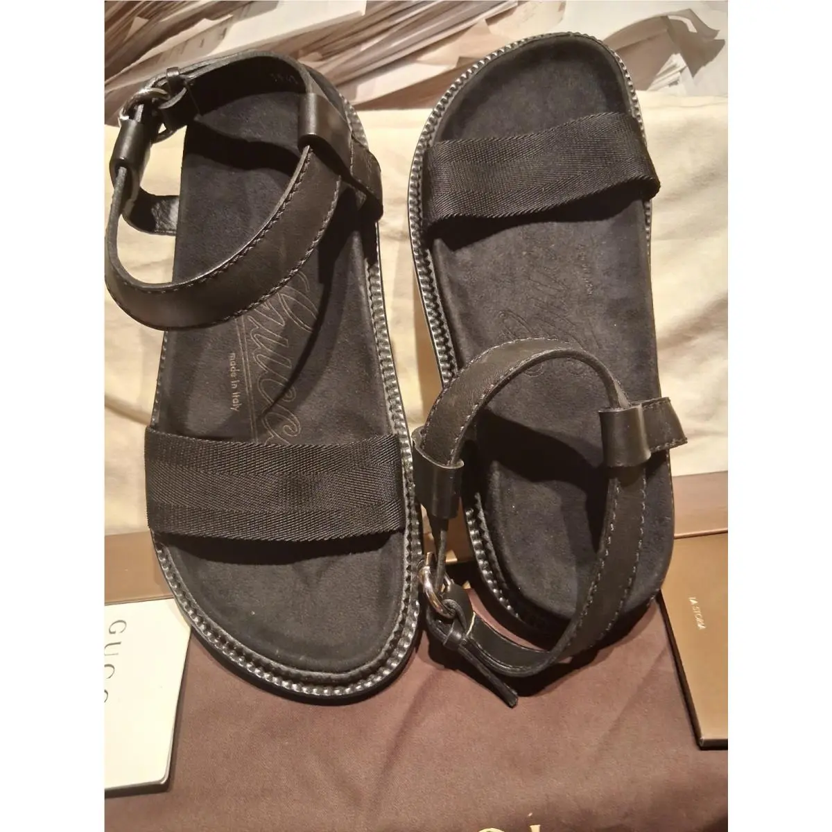 Black Leather and Canvas Logo Flats Buckle Sandals 8.5 194364 by Gucci