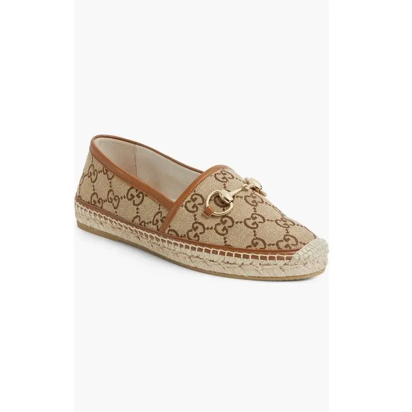 Gucci Pilar Horsebit GG Logo Print Espadrilles Flats Camel Ebony EU39.5 US 9.5