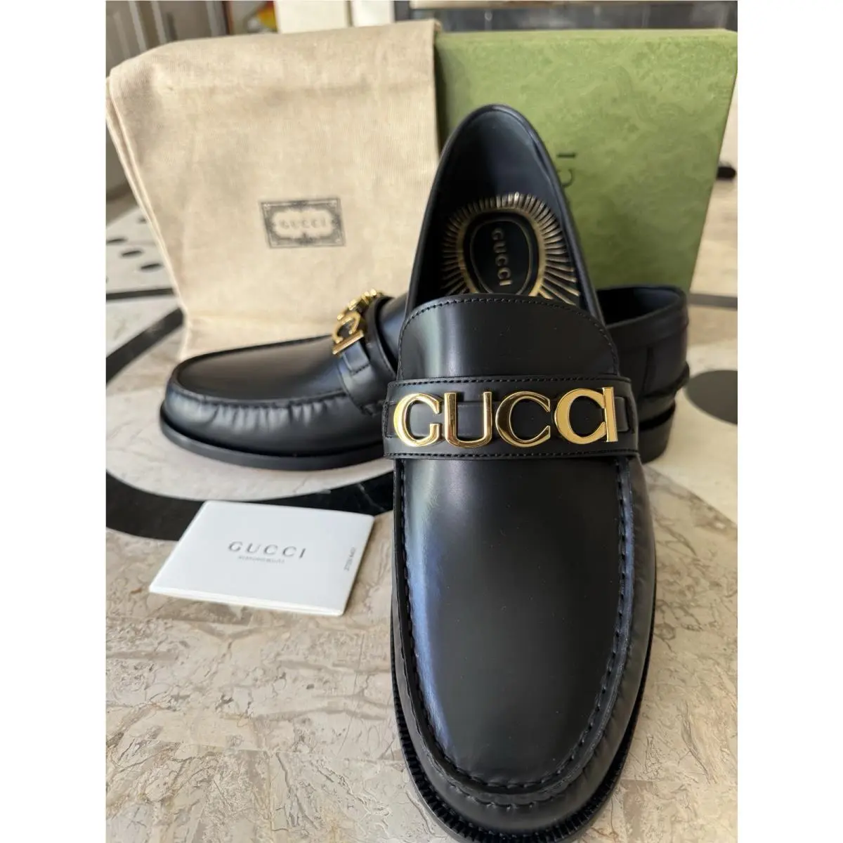Gucci Italy Millenial Gold GG Logo Black Leather Loafers Shoes UK 13 US 13.5