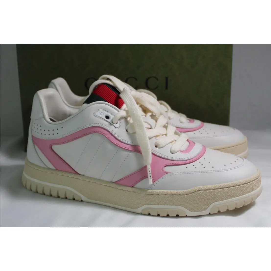 Gucci White Pink Calfskin Re-web Sneaker Sneakers Lace Up Flats 39.5 103868