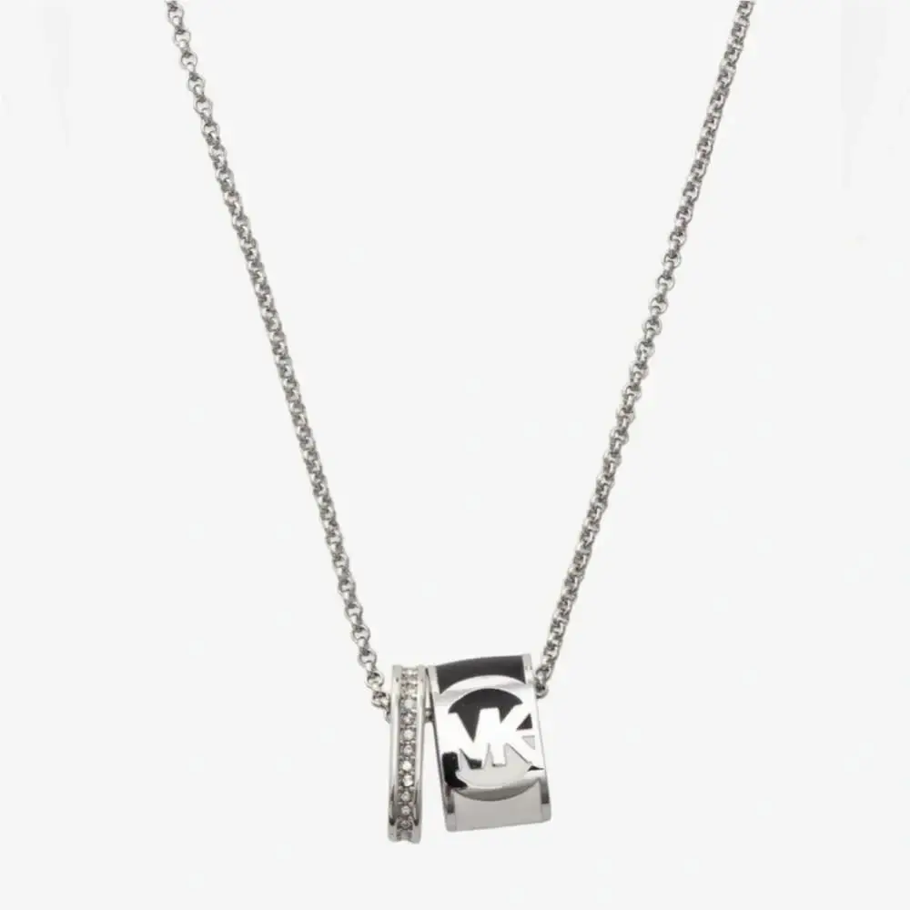Michael Kors Silver Tone Pave Crystal 2 Pcs Black White Barrel Pendant Necklace