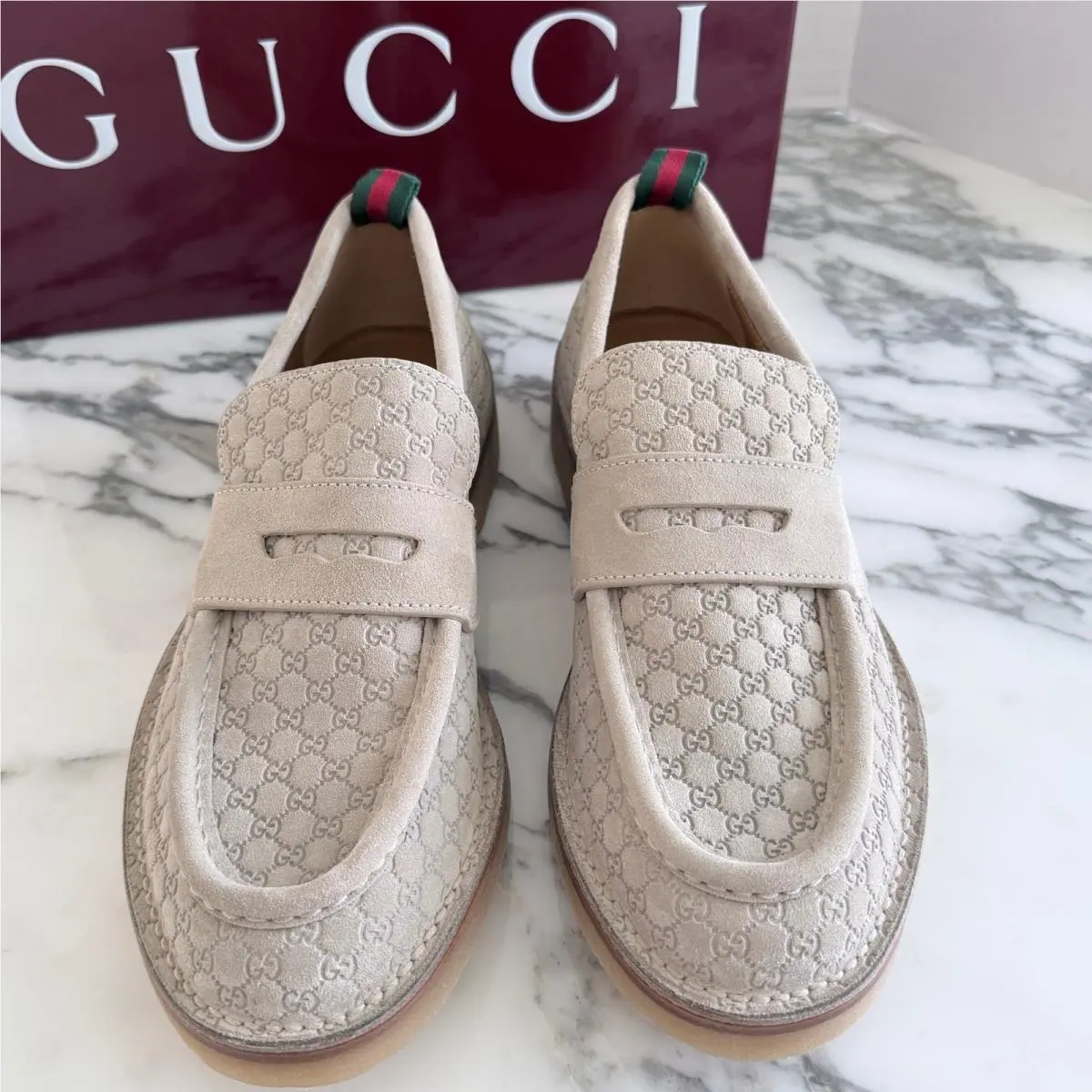 Gucci GG Moreau Moccasin Tan Suede Loafer Shoe Penny Strap G 8+