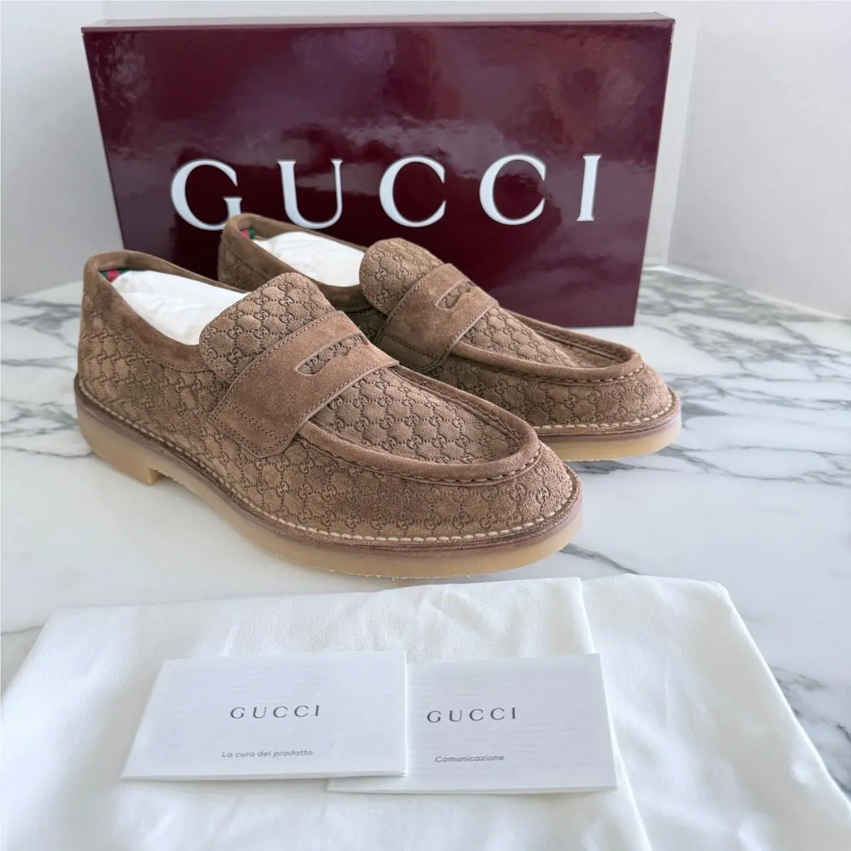 Gucci GG Moreau Moccasin Brown Suede Loafer Shoe Penny Strap G 8+