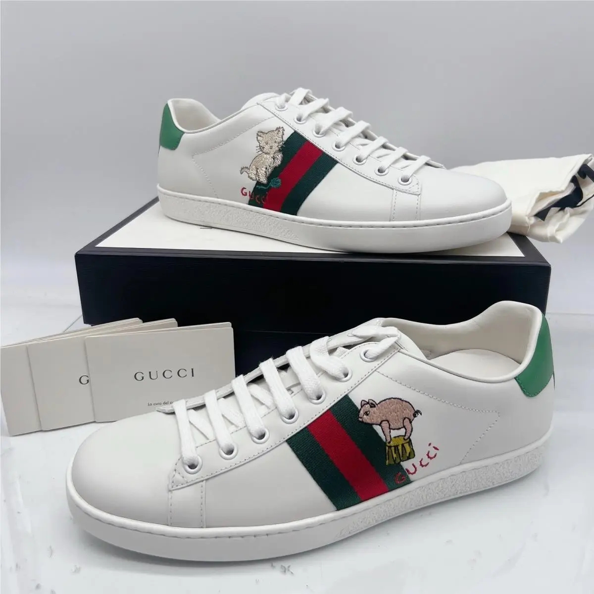 Gucci Ace Kitten Women’s Logo Pig Sneakers White Leather Lace Up EU 41 US 11
