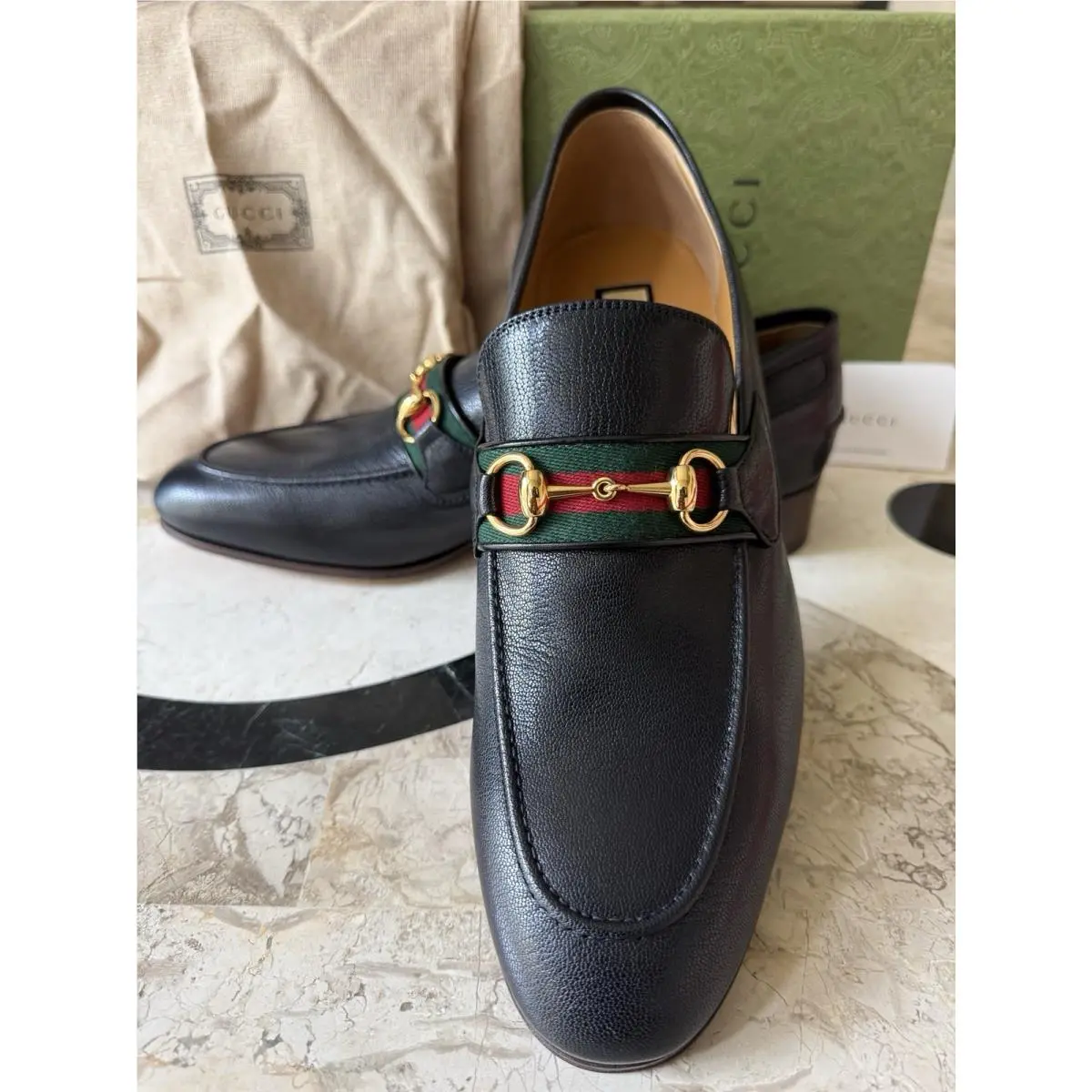 Gucci Italy Quentin Gold Horsebit Black Leather Loafers Shoes UK 13 US 13.5
