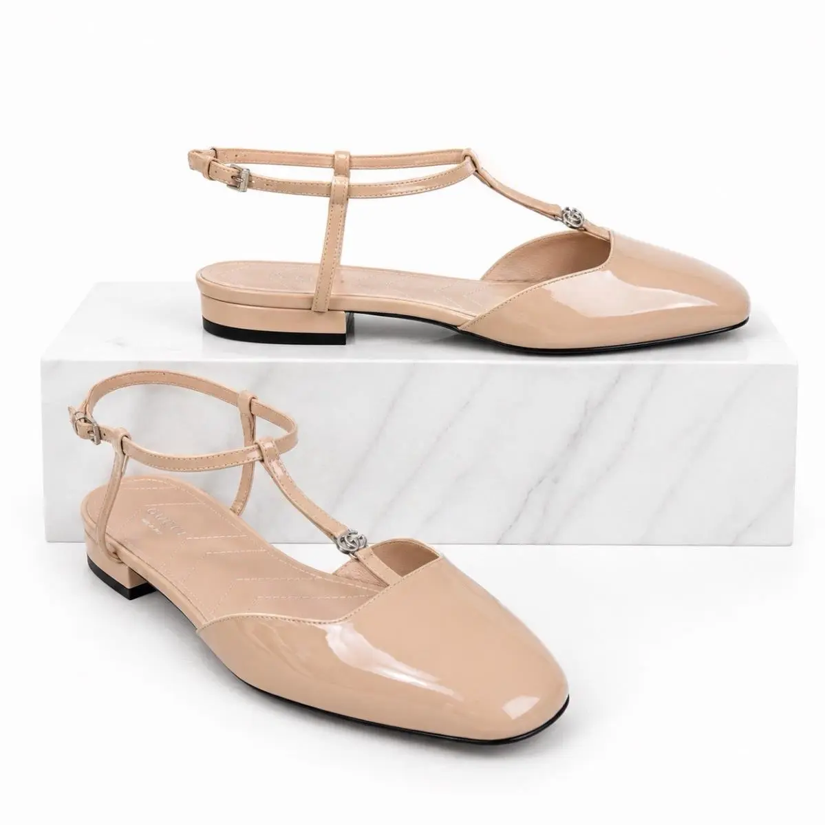 Double GG T Strap Patent Leather Ballet Flat Skin Rose Women Size 39.5 by Gucci