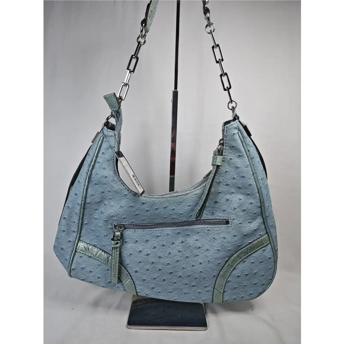 Visage Hobo Shoulder Bag Blue Ostrich Chain OS285101 by Guess