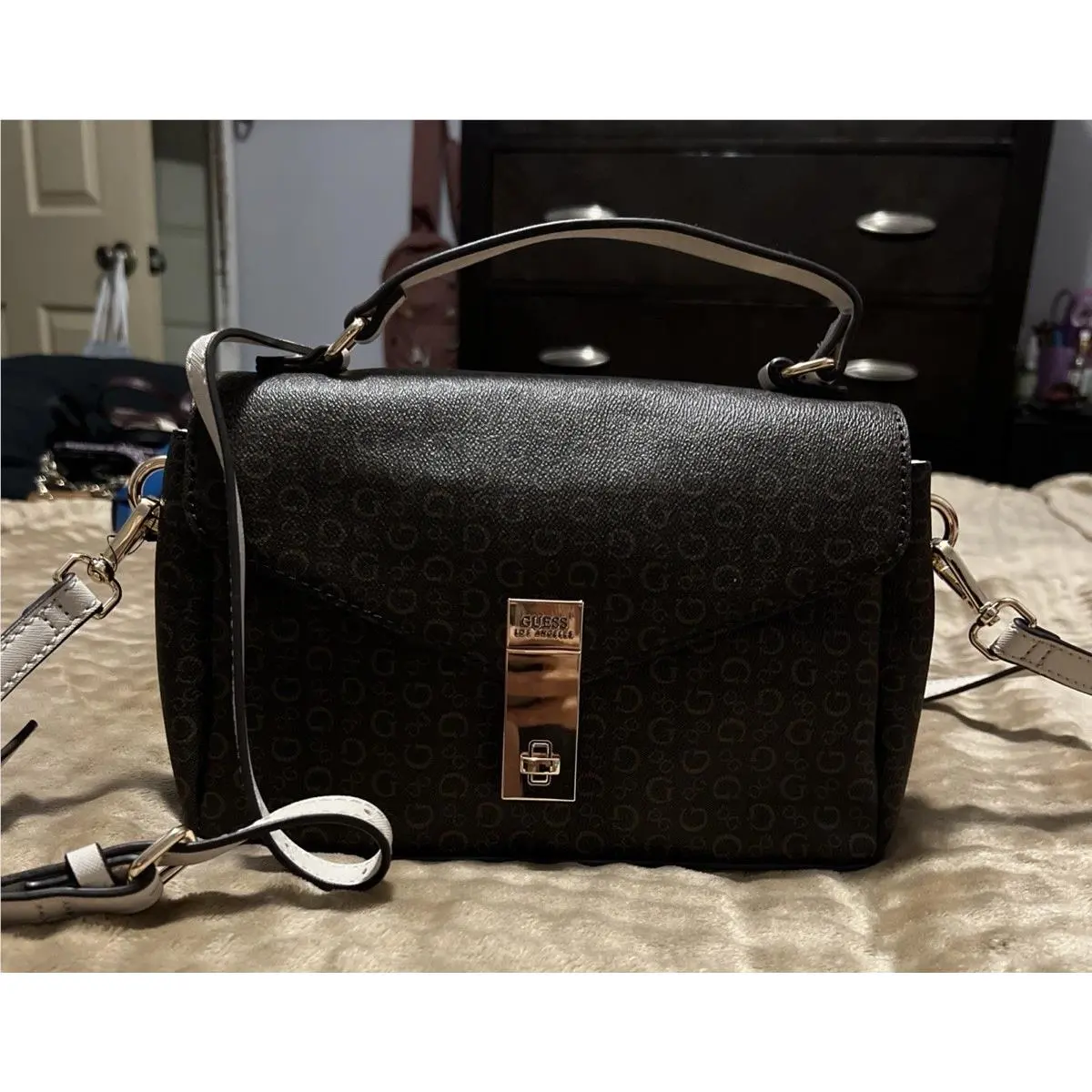 Brown Leather Shoulder Bag Logo Buckle Accent Adjustable Strap R3 by Guess