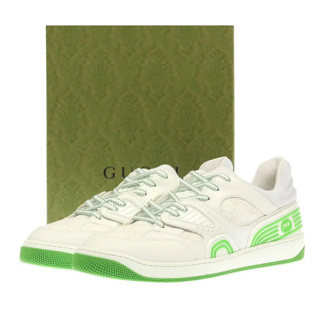 Gucci Men`s Basket Green White Leather Logo Sneakers Low Top Shoes 6/US 6.5
