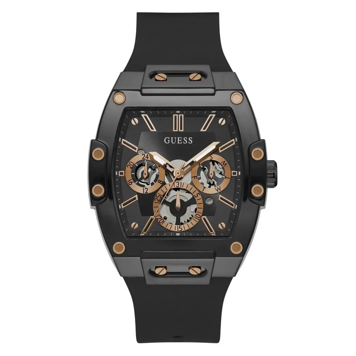 Guess Mens 43mm Watch - Black Strap Dial Case One Black/black/rose Gold