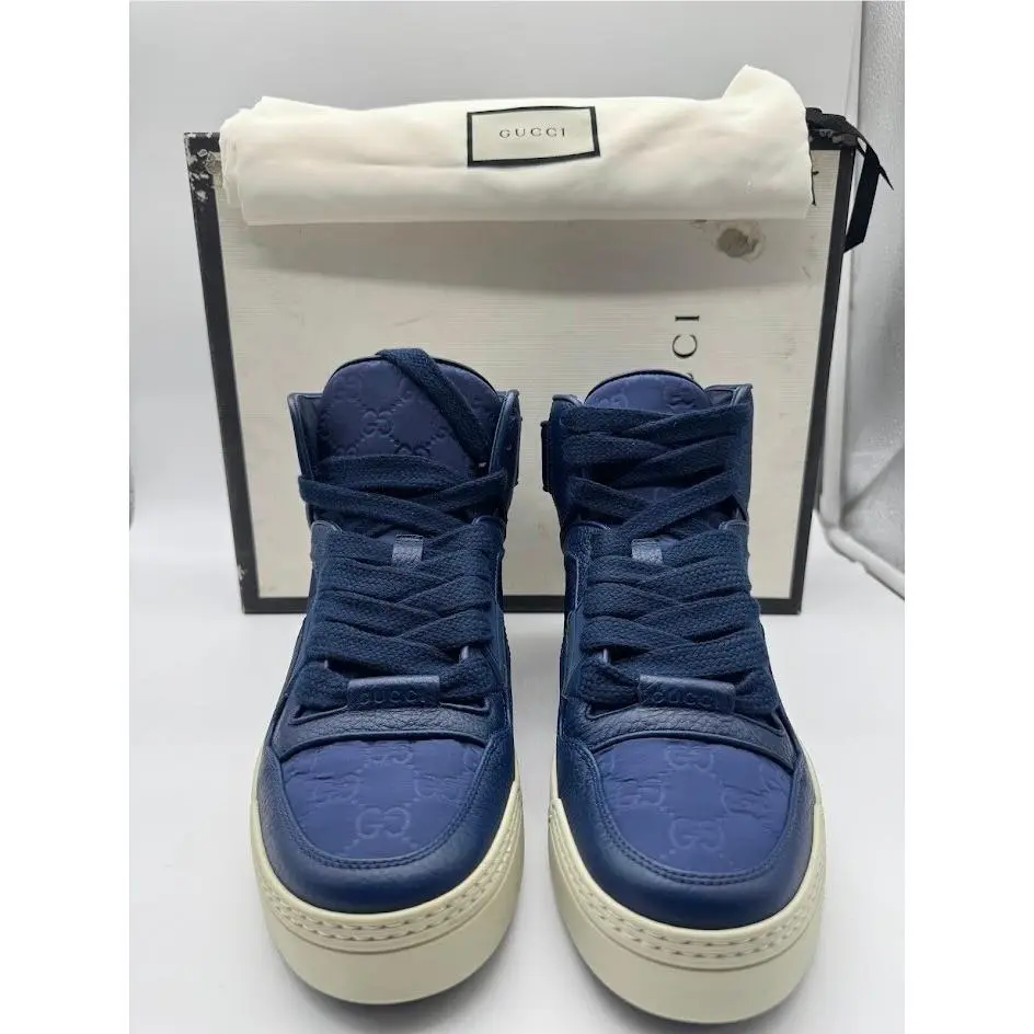 Gucci Mac80 High Top Sneakers Navy Blue GG Embossed Leather Mens 6.5 Italy 7 US