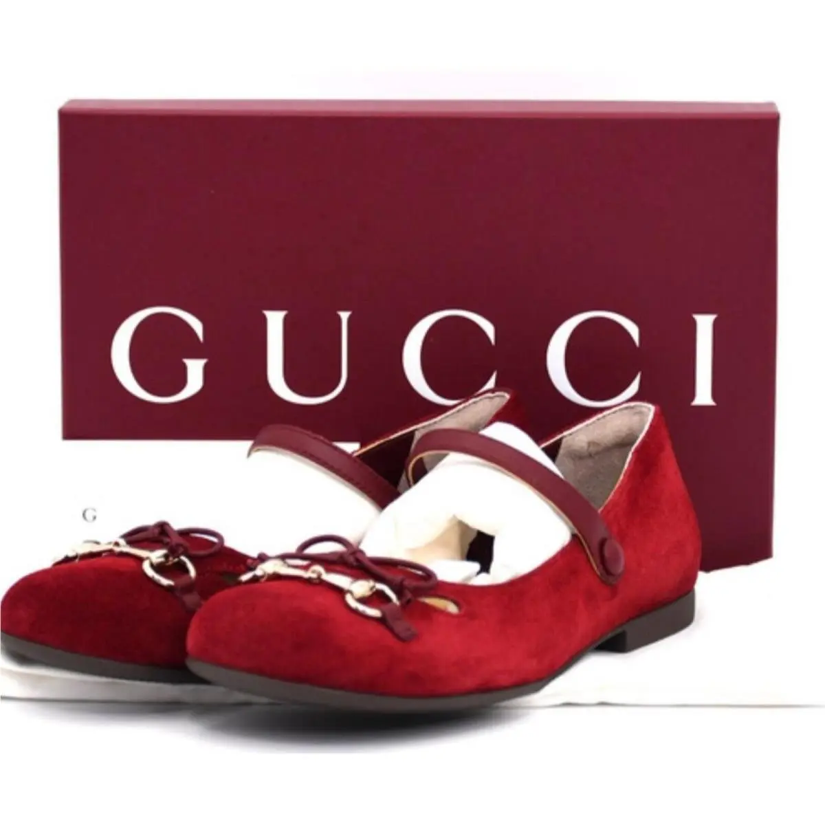 Girl’s Size 33 Red Suede Ballet Flats Shoes Mary Janes Horsebit Box by Gucci