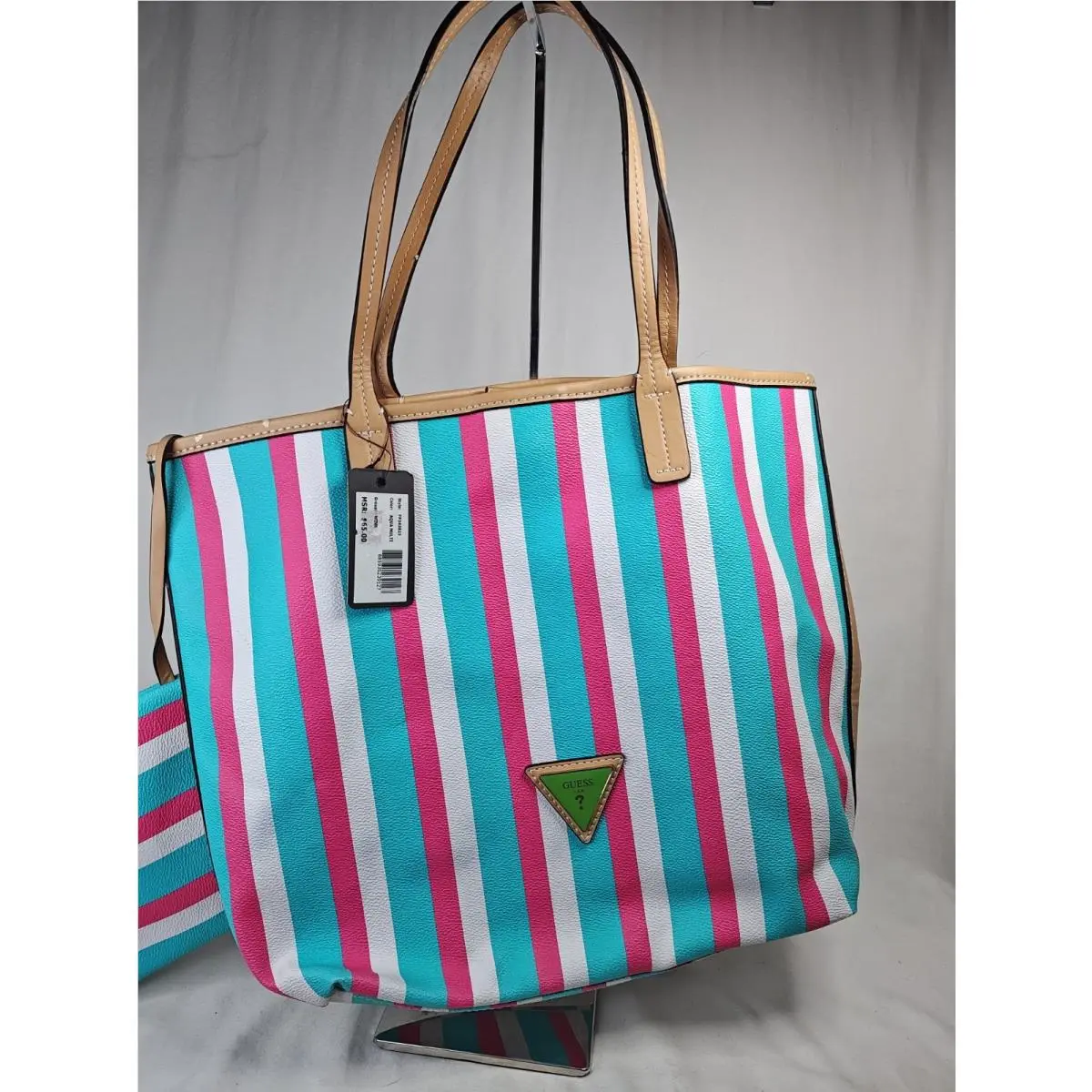 Wink Striped Shopper Tote Bag Aqua Multi Pink White with Coin Pouch by Guess