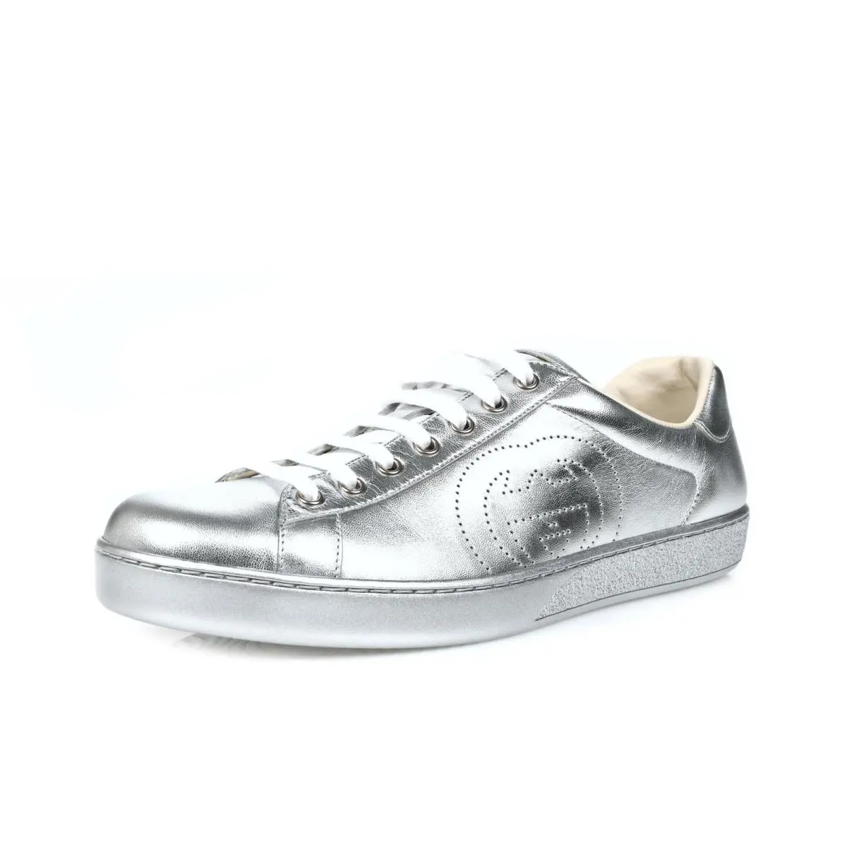 Gucci Mens Silver Ace Metallic Leather Sneakers Size 8.5G /9.5US