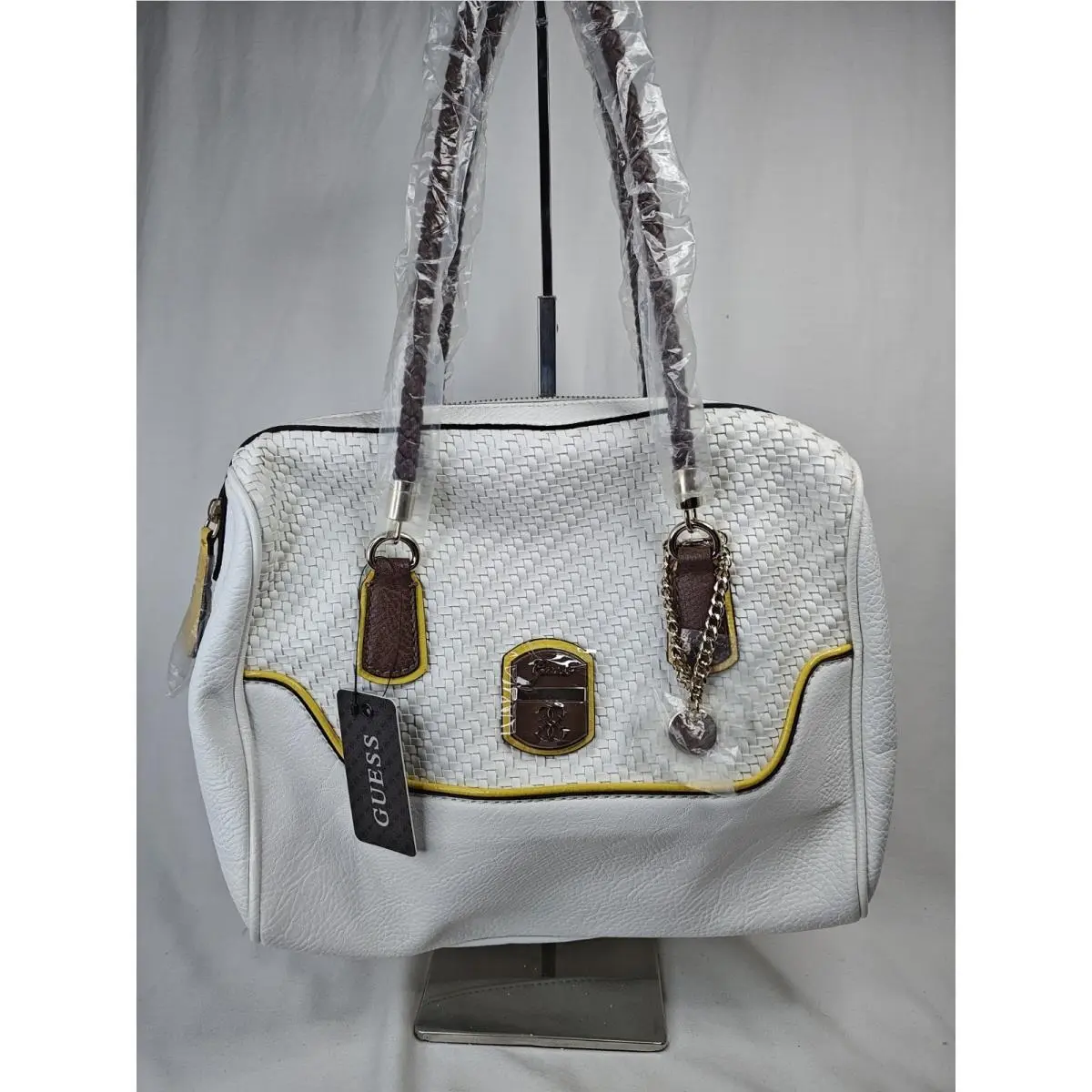 Makala Satchel Handbag White Multi Woven Shoulder Bag Purse VG389510 by Guess