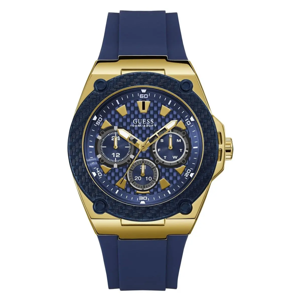 Guess Men Stainless Steel Quartz Watch with Silicone Blue/gold Tone/blue