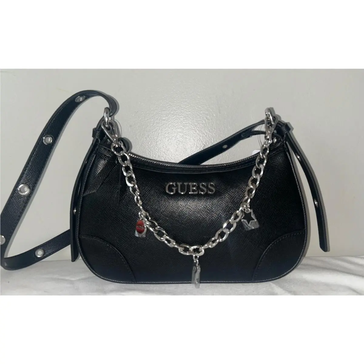 Guess Coyville Leather Charms Shoulder Bag Black