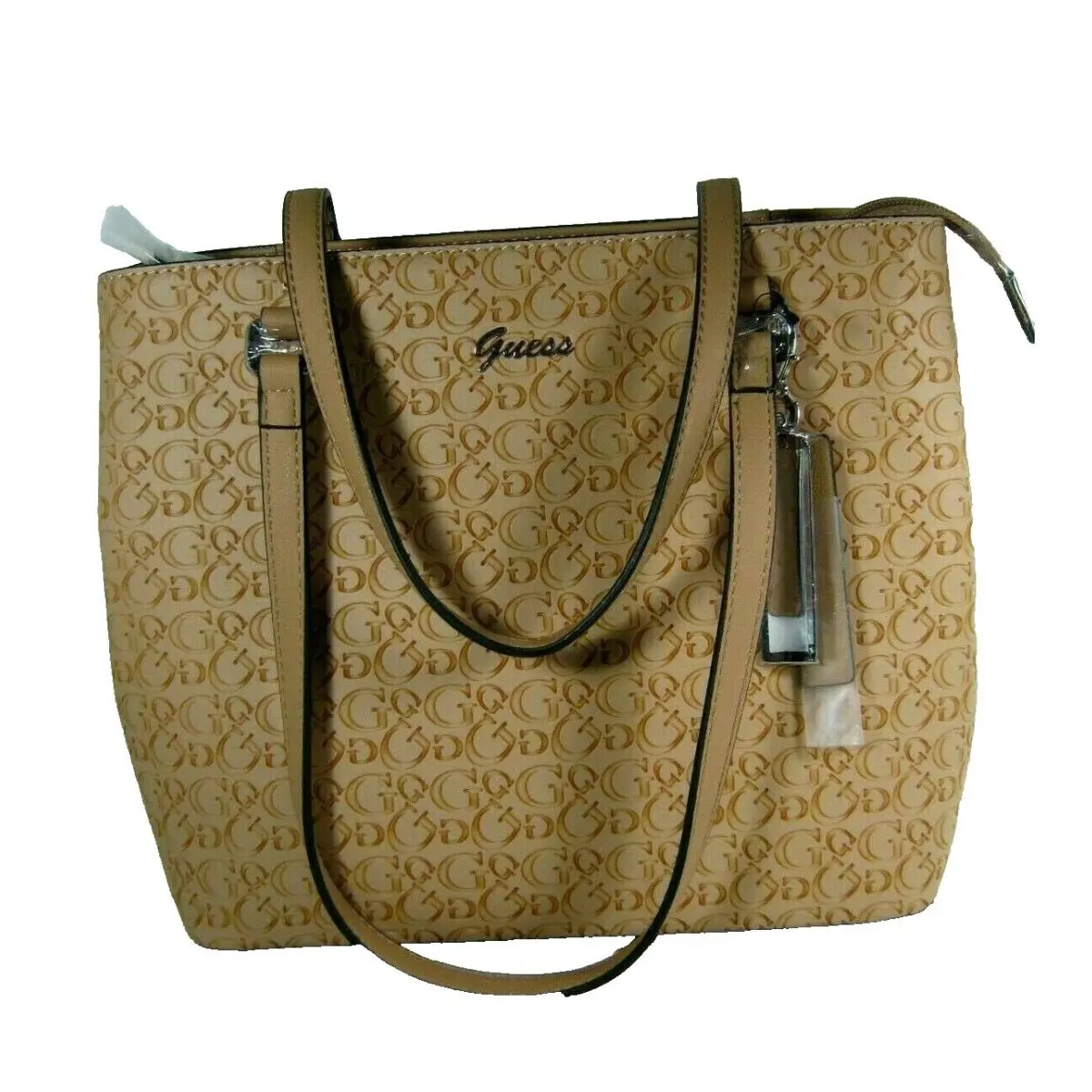 Guess Pilgreen Debossed Logo Satchel Tote Bag Cognac