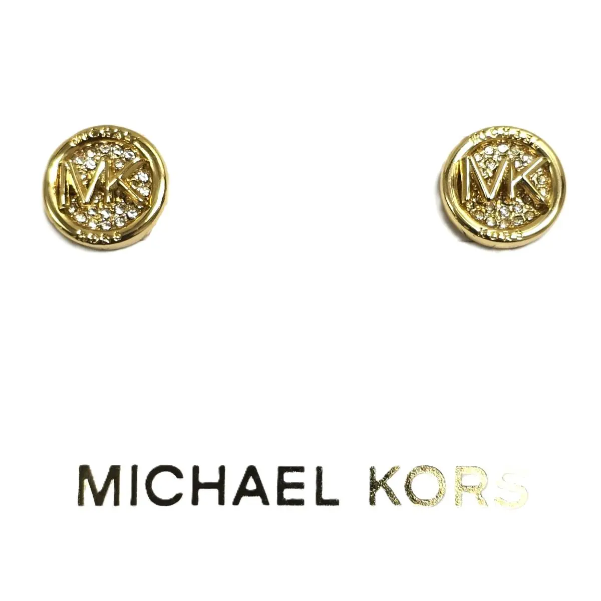 Gold Tone Pave Crystal Round MK Logo Stud Earrings + Box by Michael Kors