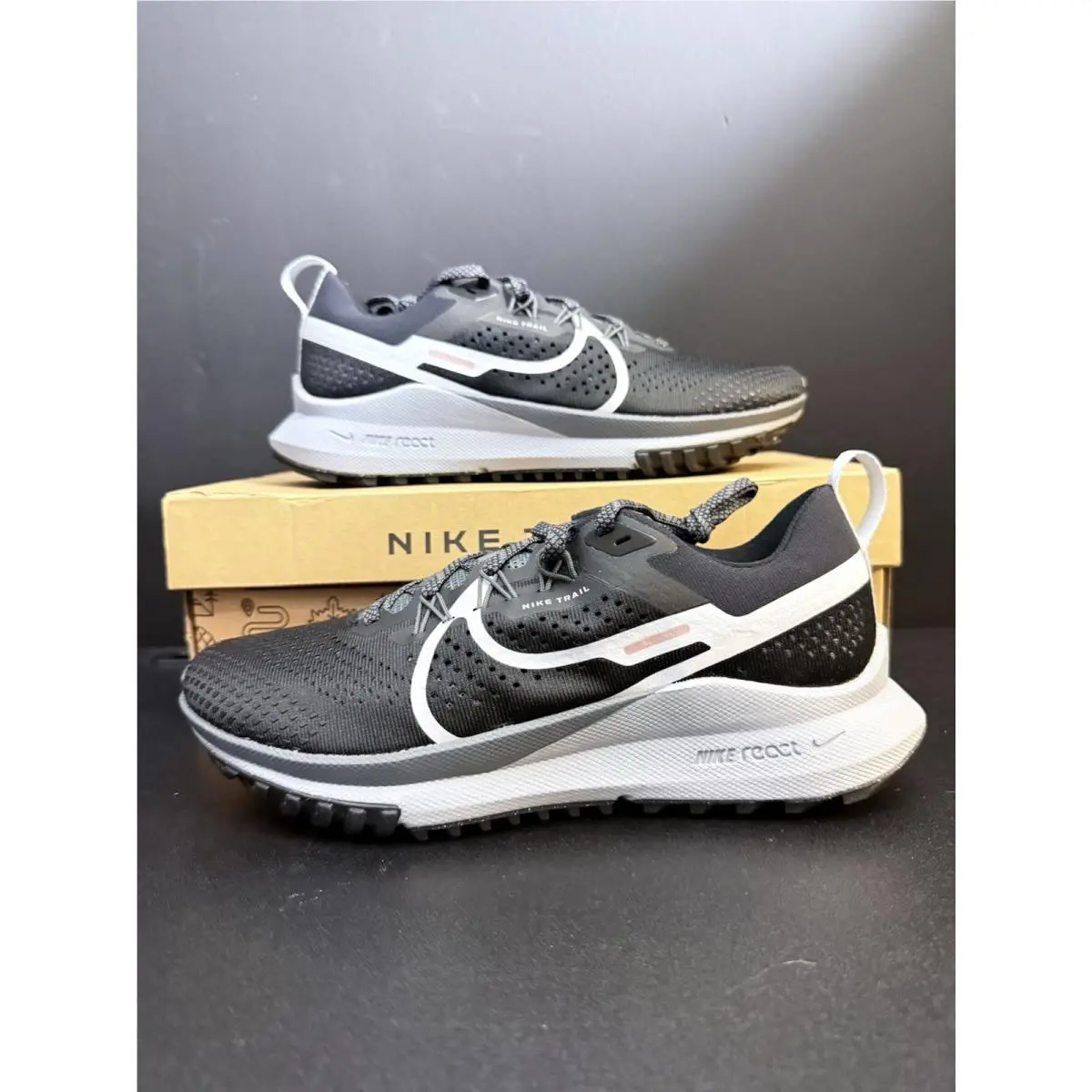 Womens Size 8.5 React Pegasus Trail 4 Running Shoes Black Dark Grey Mens 7 by Nike