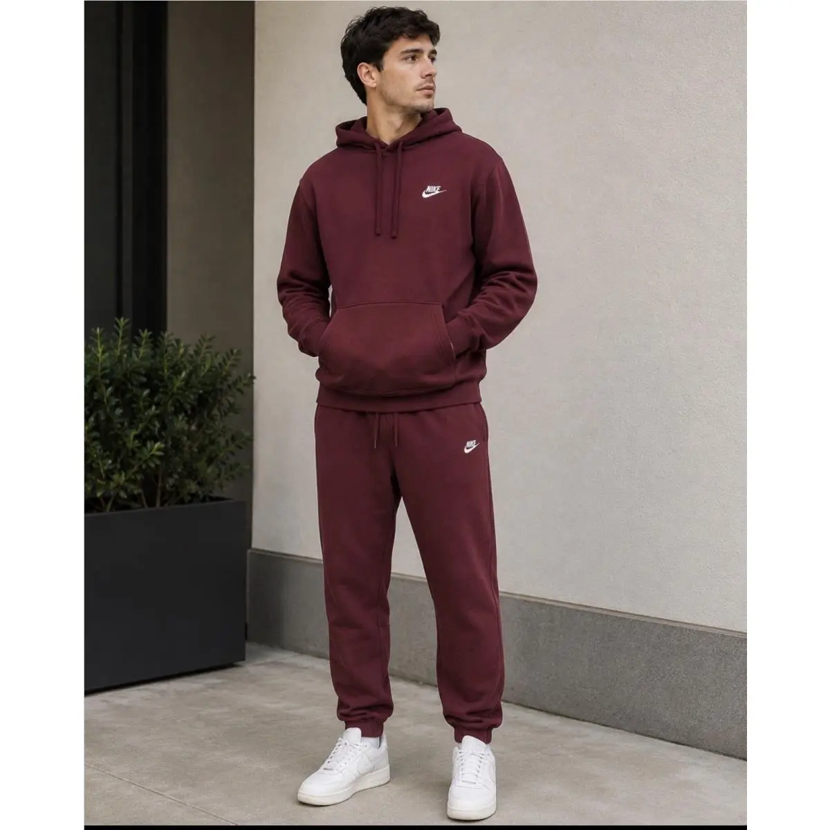 Mens Nike Hoodie Jogger Set Burgundy Fleece Pullover M Pants S Cotton