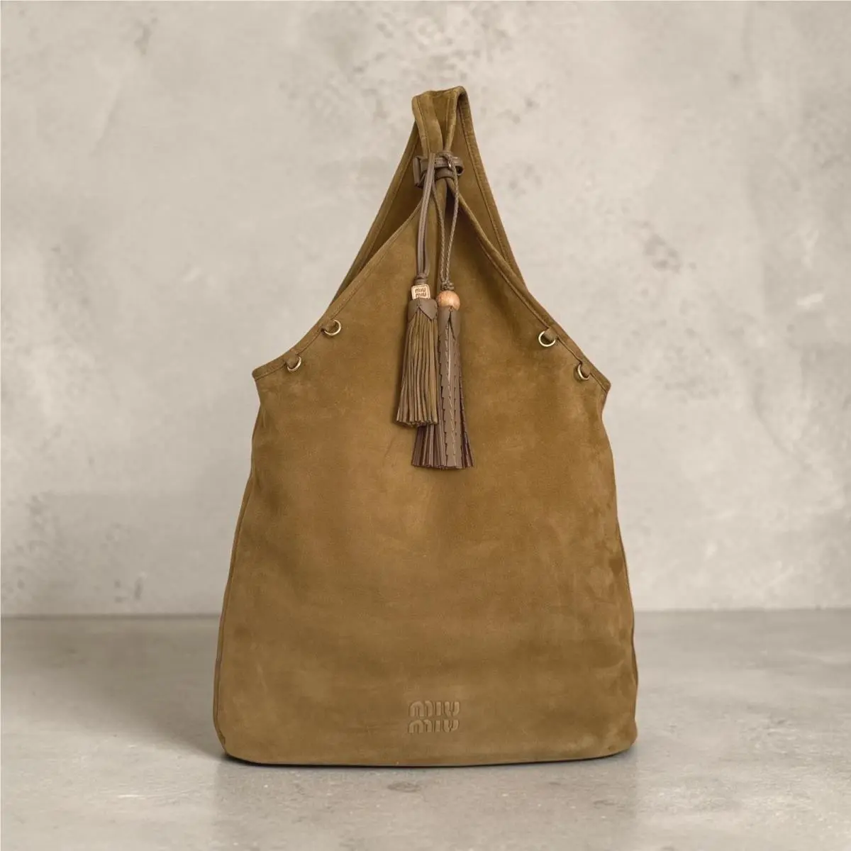 Dark Oliva Suede Tote Bag w/ Tassel Charms by Miu Miu