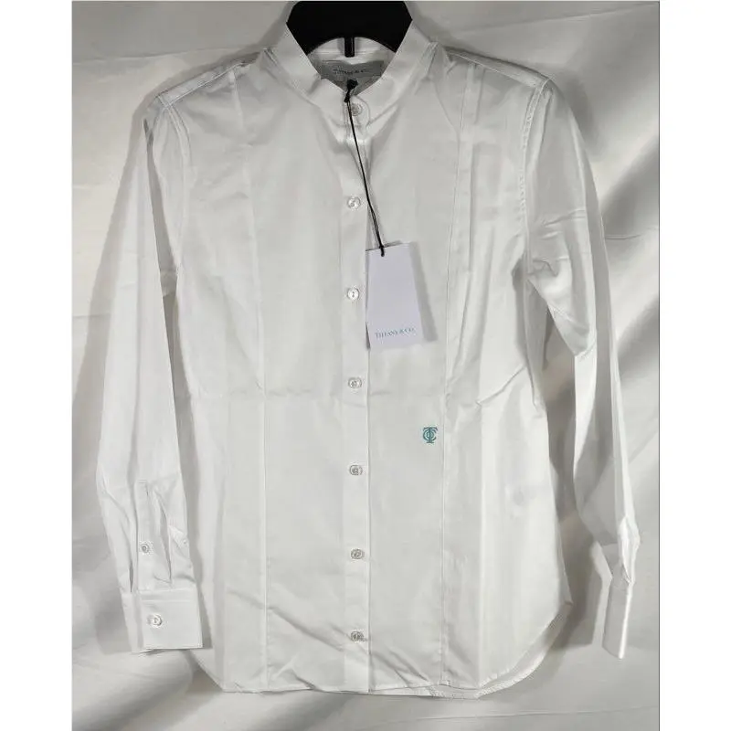 Tiffany Co Women`s White Cotton Poplin Band Collar Button Down Sz 0
