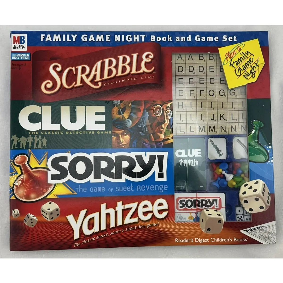 2001 Family Game Night Book and 4 Pack Games Set Scrabble Clue Sorry Yahtzee