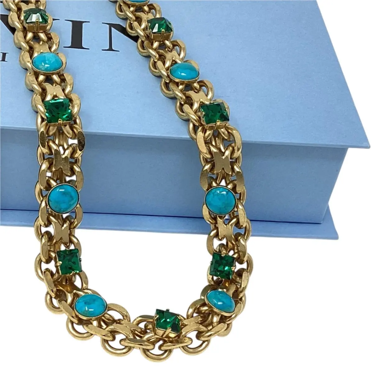 Paris Long Necklace / Belt Gold-tone Turquoise Green Crystal + Box by Lanvin