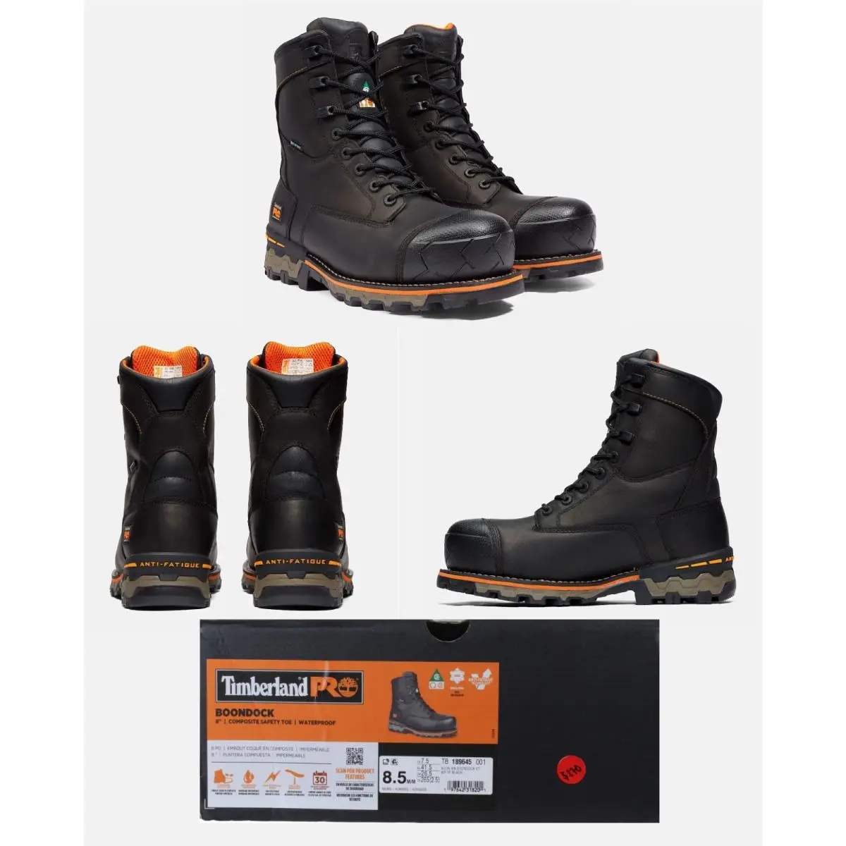Timberland Pro® Men`s Boondock 8 Comp Toe Black Waterproof Work Boot Size 8.5