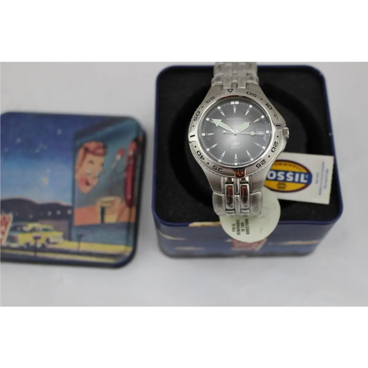 Fossil Blue AM-3624 Mens Quartz Stainless Steel Watch Black Dial T