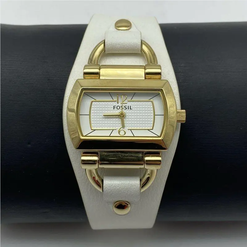 Women`s ES2484 Gold Tone White Leather Cuff Watch Holiday T by Fossil