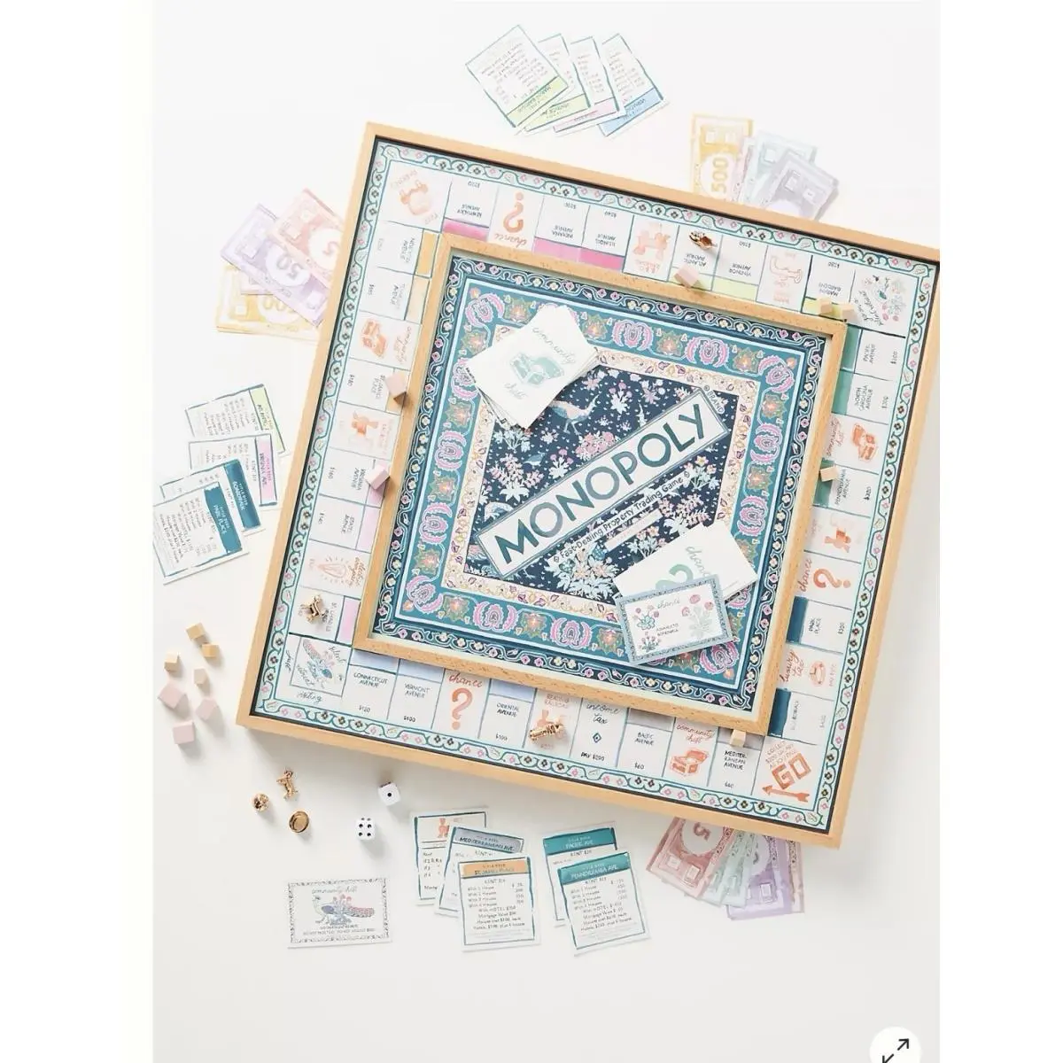 Anthropologie Monopoly Board Game Darby Floral Edition Wooden Frame Complete