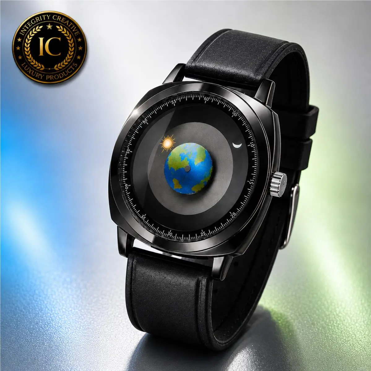 Men`s Creative World Map Watch Black Dial Gray Case Earth Moon Sun Black Strap by Fanmis