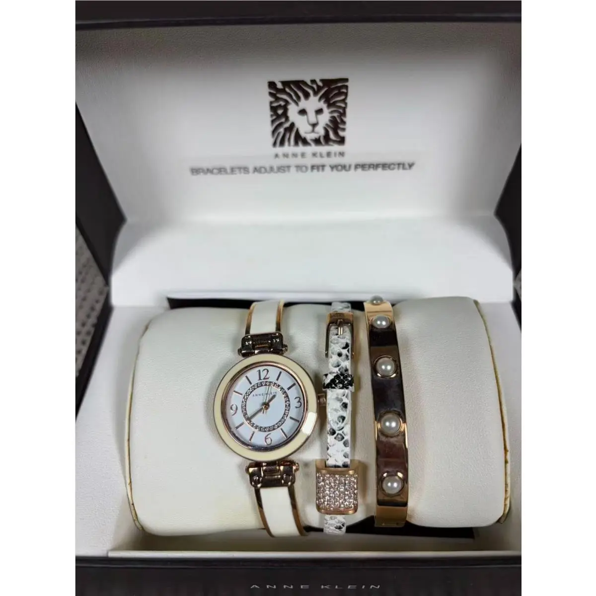 Women’s White Leather Watch Bracelet Gift Set by Anne Klein