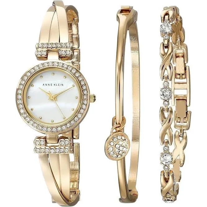 Anne Klein Watch Premium Crystal Accented Bangle Watch and Bracelet Set Gold