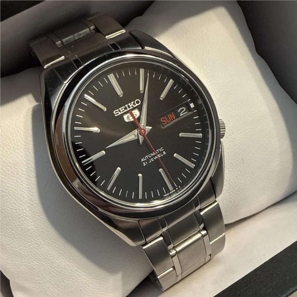 5 SNKL45 Automatic 21 Jewel Black Dial Day Date Stainless Steel Watch by Seiko