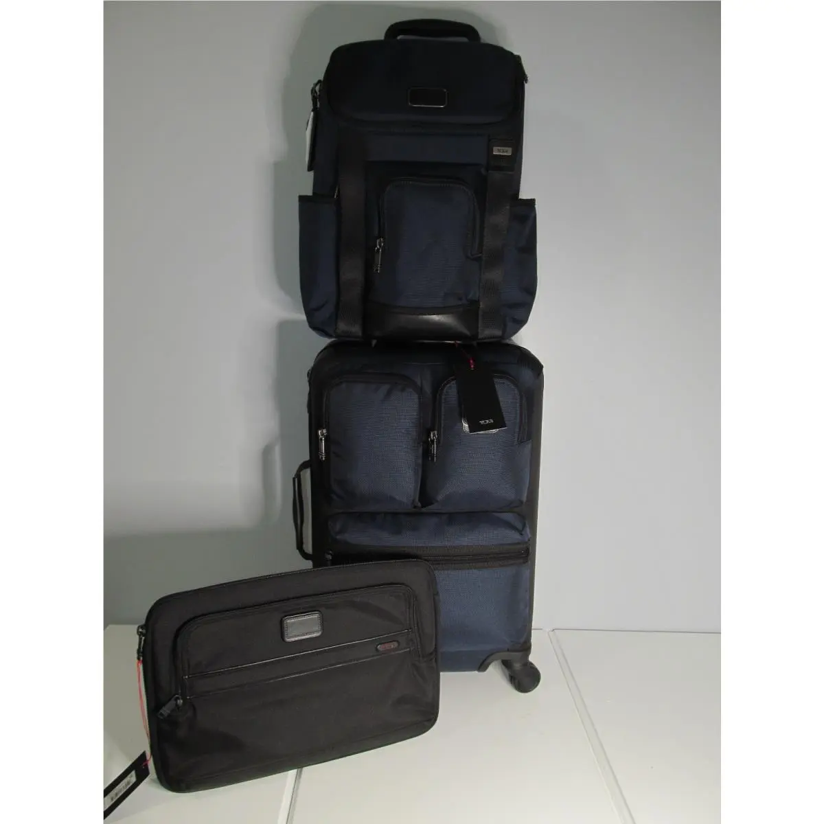 Ellison Briley Navy Blue Long Trip Set Carry On-15 Laptop BP Sleeve by Tumi