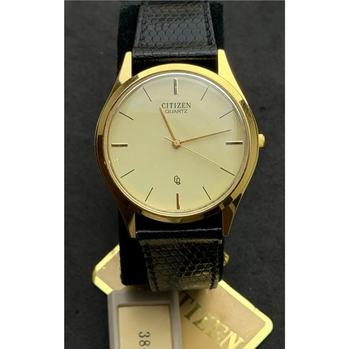 Vtg 1985  Men’s 34mm Quartz Watch Gold Cream Dial Black Leather Box by Citizen