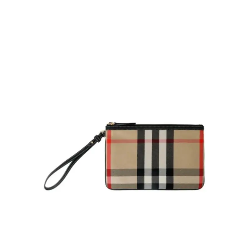 Wristlet Pouch Clutch Bag Unisex Peyton Check Beige Print by Burberry