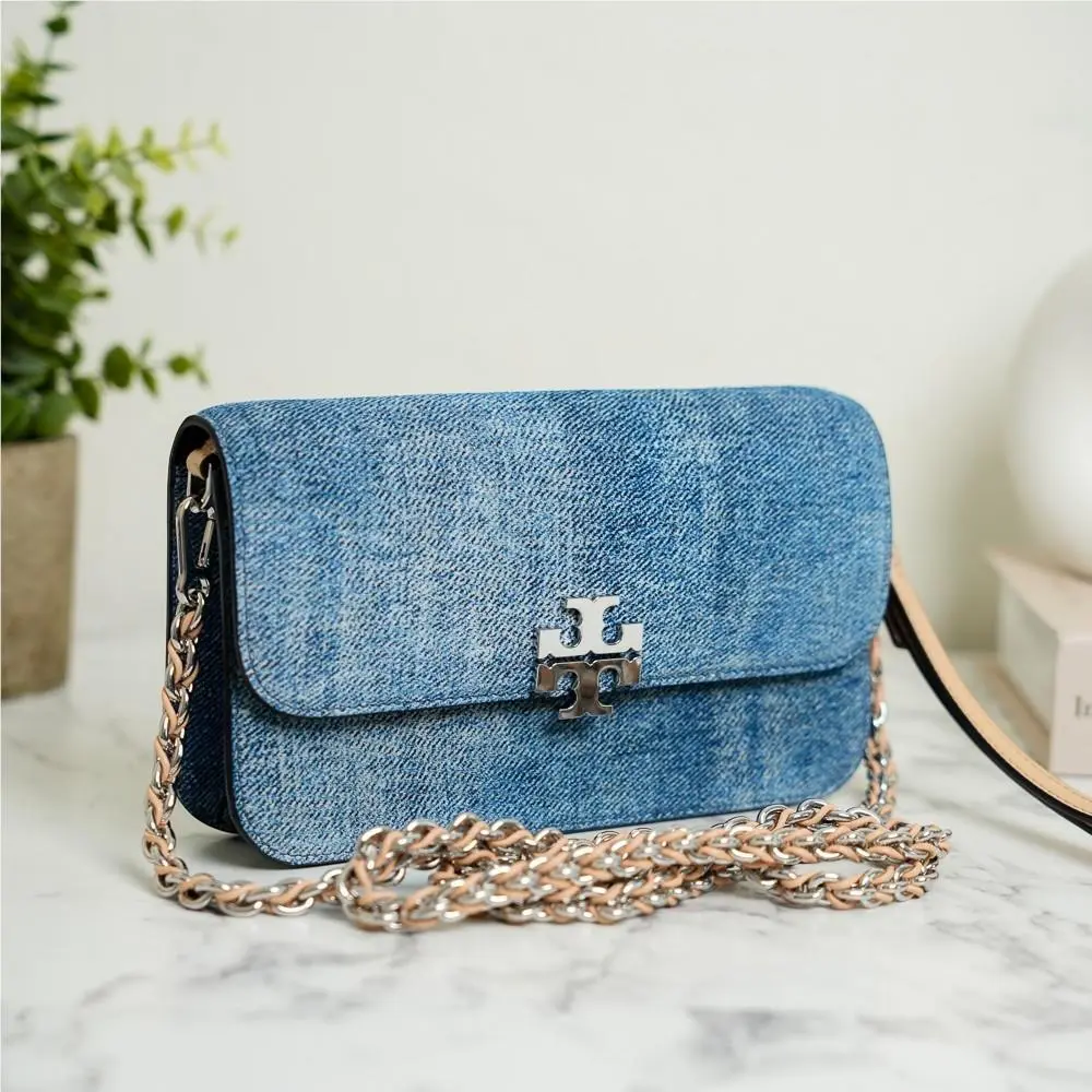 Tory Burch Britten Denim Suede Chain Wallet Crossbody with Wristlet