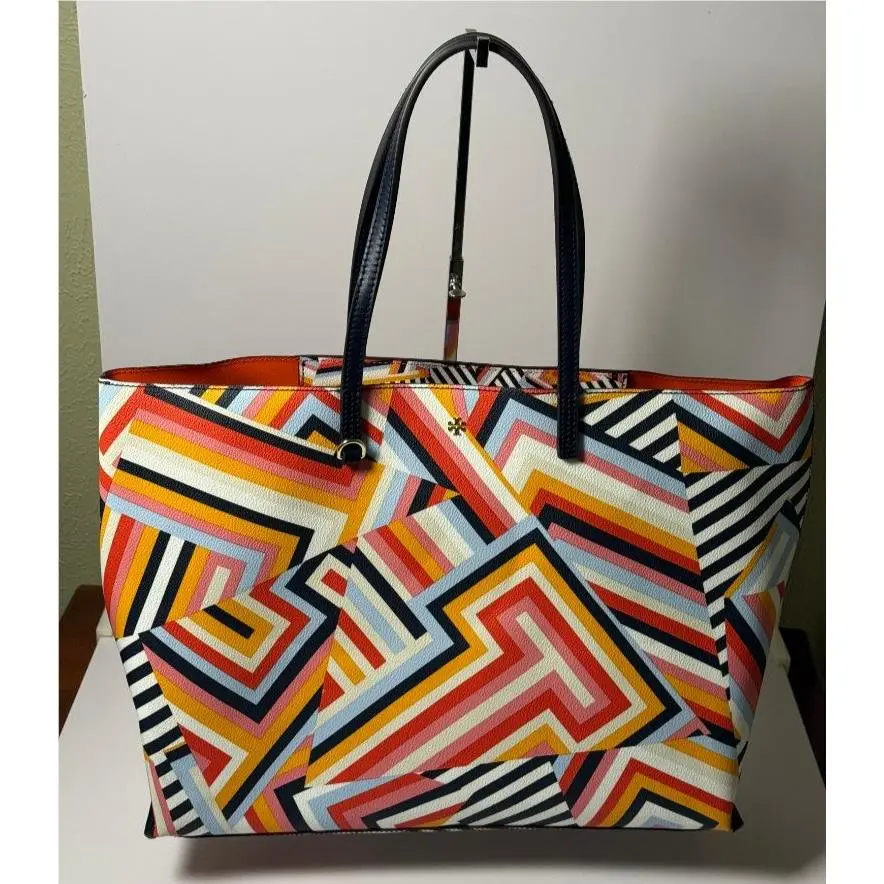 Tory Burch Kerrington Cut Out T Print Geometric Large Tote Bag Leather