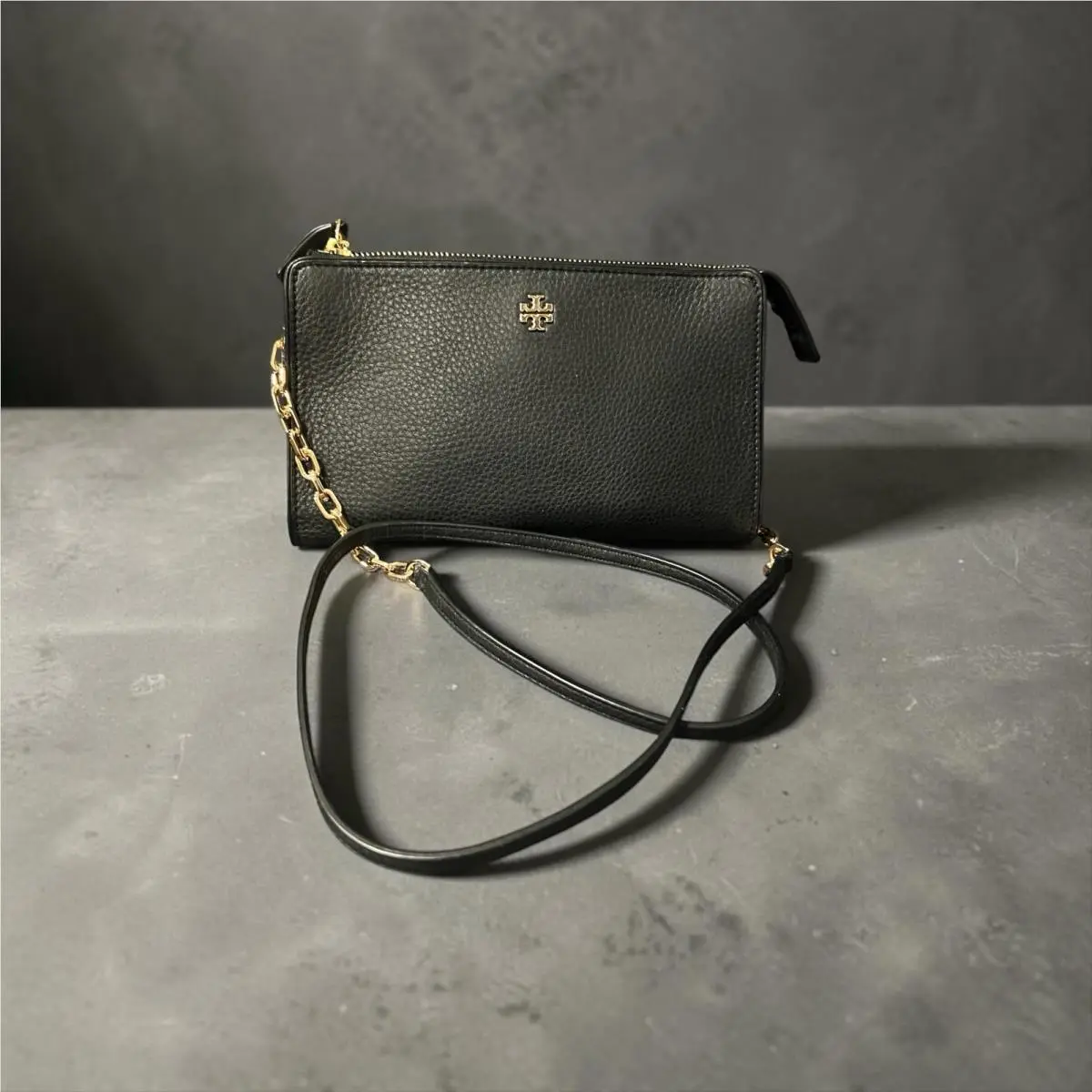 Tory Burch Mercer Black Pebbled Leather Zip Crossbody Bag