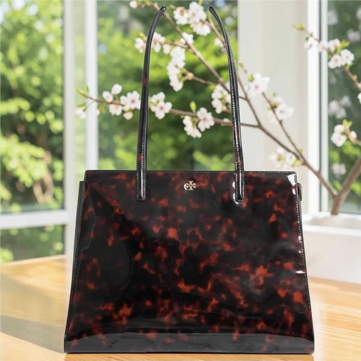 Emerson Tortoise Patent Leather Work Tote 165968 by Tory Burch