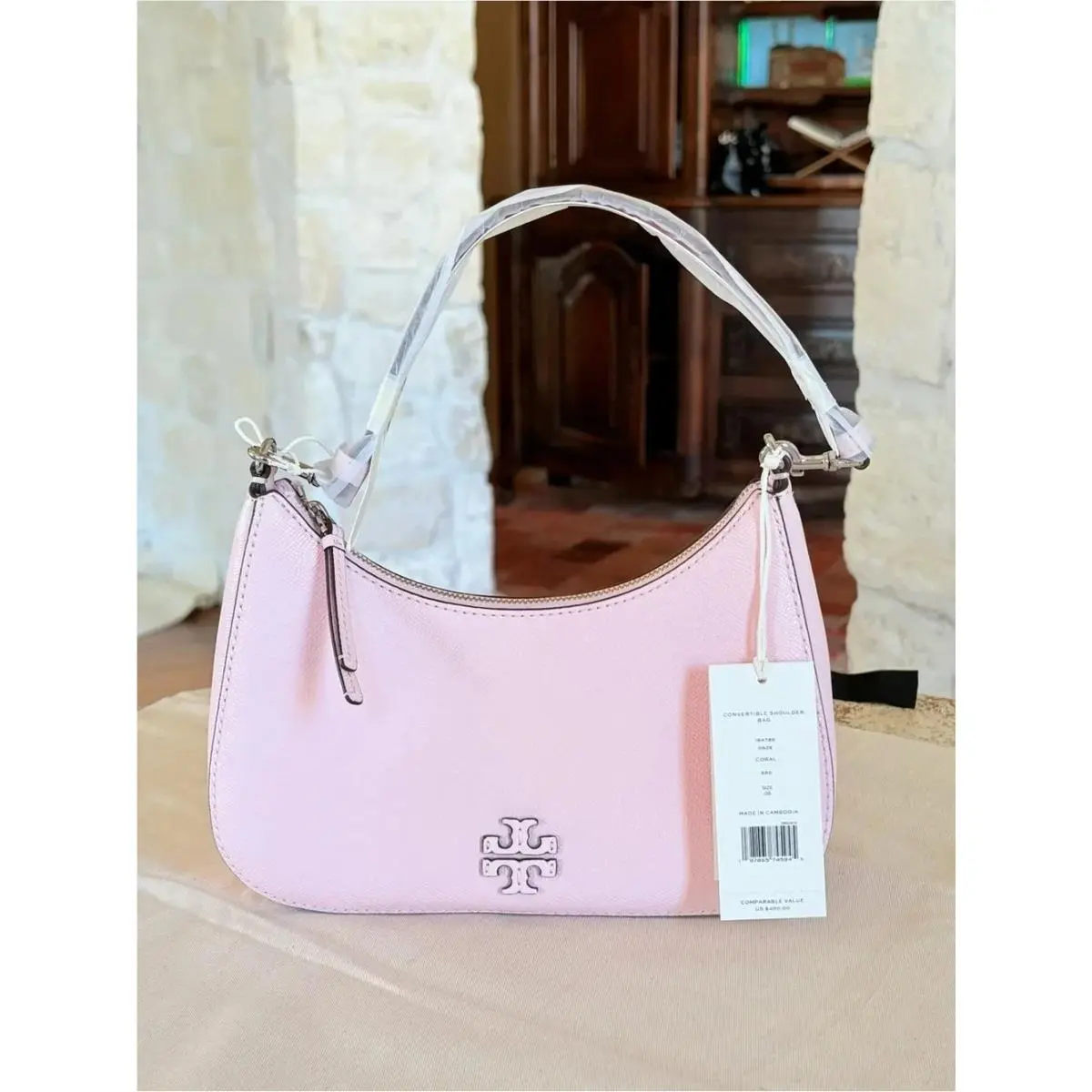Tory Burch Pink Saffiano Leather Convertible Shoulder Bag Crescent Pink