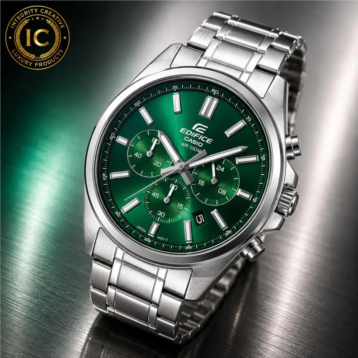 Mens Casio Expensive Looking 44MM Analog Quartz Watch Green Dial Silver Bracelet