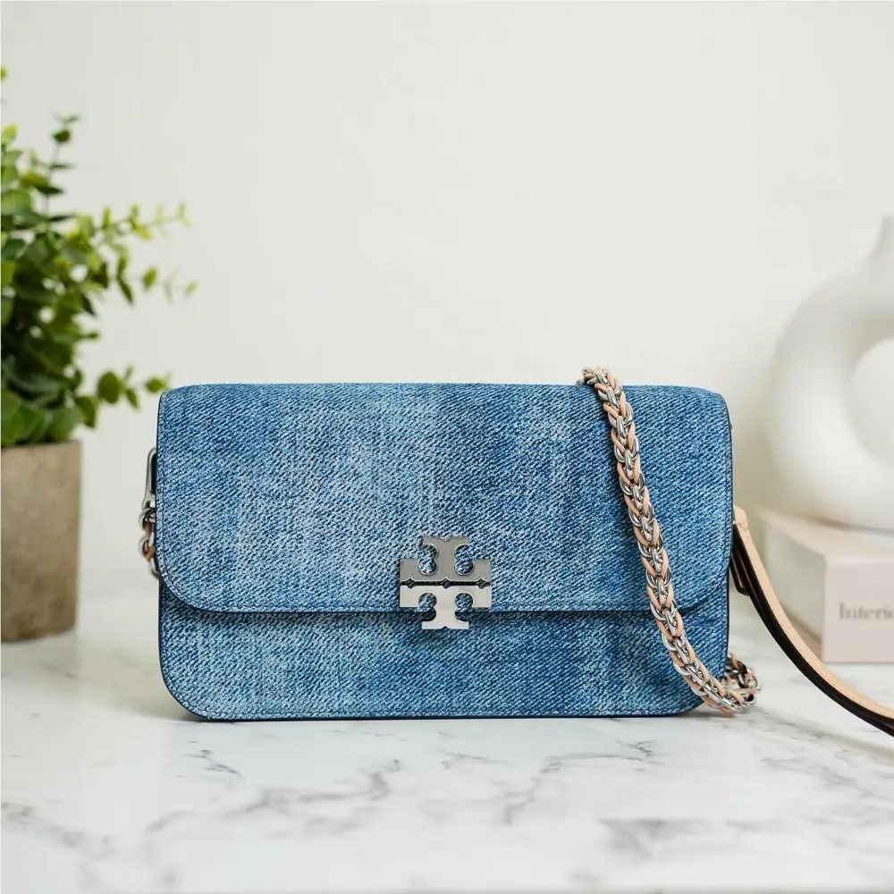 Tory Burch Britten Denim Suede Chain Wallet Crossbody with Wristlet